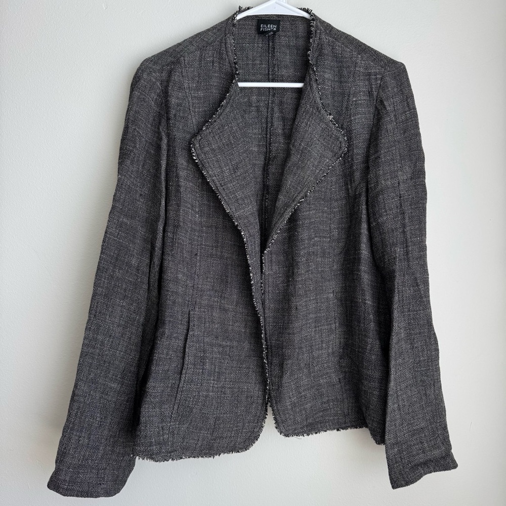 Eileen Fisher Gray Linen Blend Woven Raw Trim Jacket Long Sleeve Size Medium